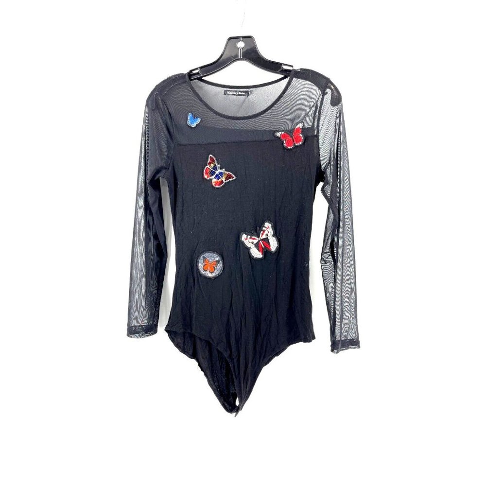 Mystery Jane Black Long Sleeve Sheer Sequins Butterfly Patches Bodysuit Size L